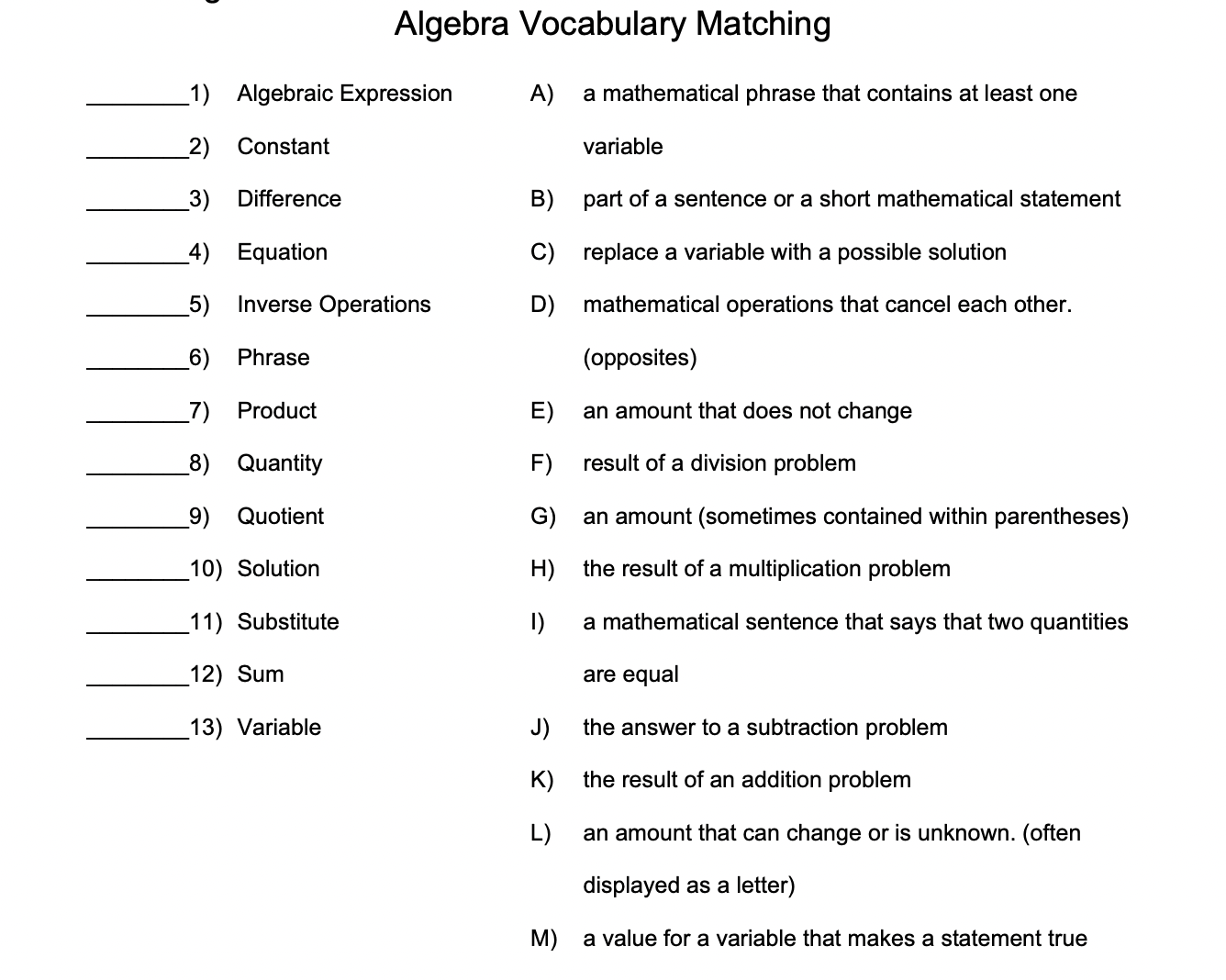 10C2MAT23 Algebra vocabulary matching activity MHOL